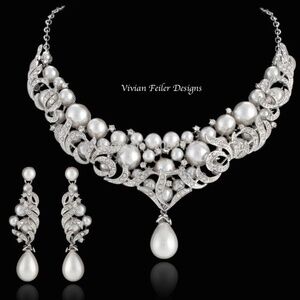Bridal Jewelry Set Pearl Wedding Necklace Earrings Prom Mother of the Bride